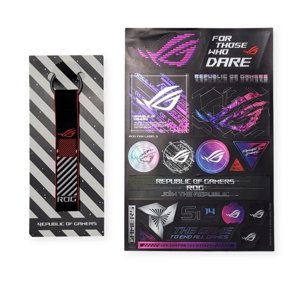 ASUS Rog Republic of Gamers Keychain and sticker sheet